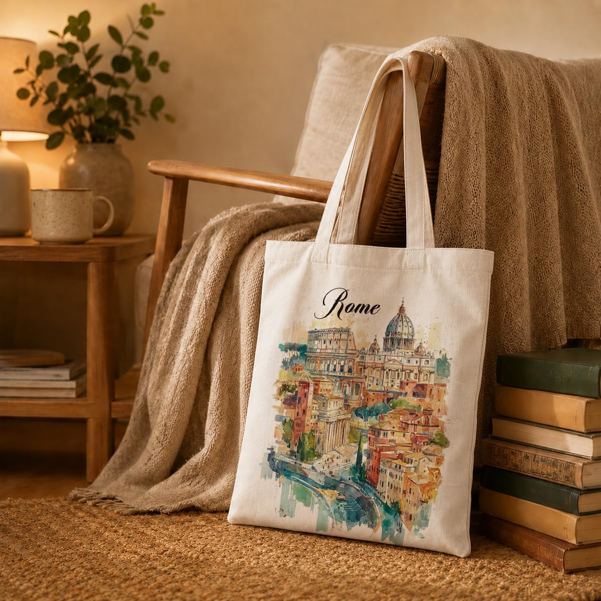 Travel Accessories Italy - ローマ水彩キャンバストートバッグイタリア都市景観プリント再利用可能な環境に優しいショッピングショルダーバッグ旅行ギフト