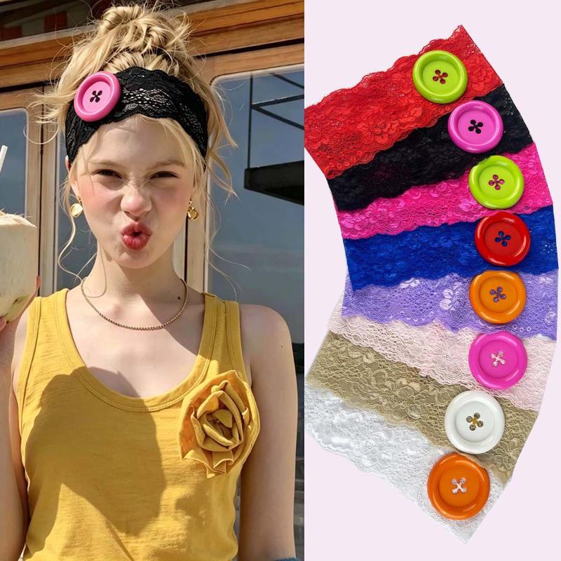 Travel Accessories For Girls - ヴィンテージレースビッグボタンヘッドバンド弾性ワイドヘアバンド女性女の子用 Y2K 日本ヨガ旅行や毎日のヘアスタイリングアクセサリー