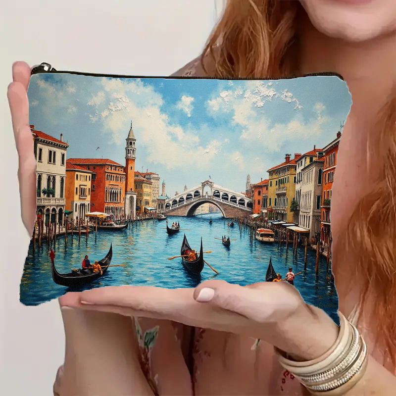 Travel Accessories Italy - ヴェネツィア イタリア 化粧品メイクアップバッグ ヴェネツィアの水路ゴンドラプリント付き 軽量折りたたみ式トラベルオーガナイザー、ジッパー付きポーチ