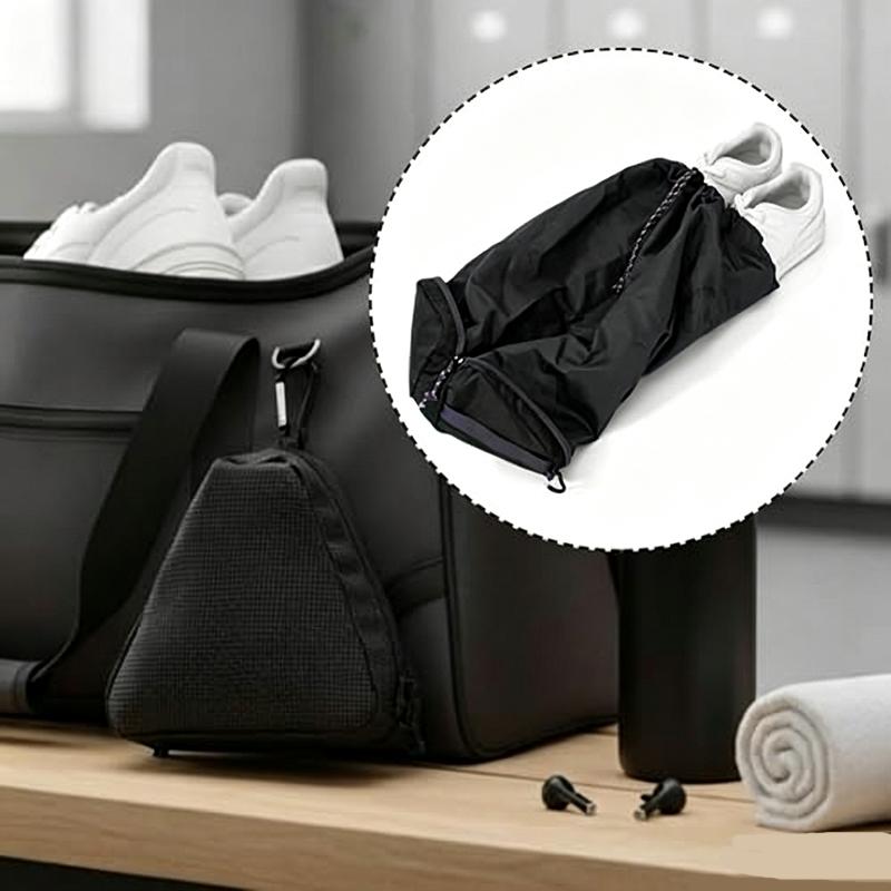 Shoe Bag Travel - 折りたたみ式の旅行用シューズバッグ。黒色のシューズ収納ポーチで、ジムやキャンプ、旅行に最適な携帯用シューズオーガナイザー。