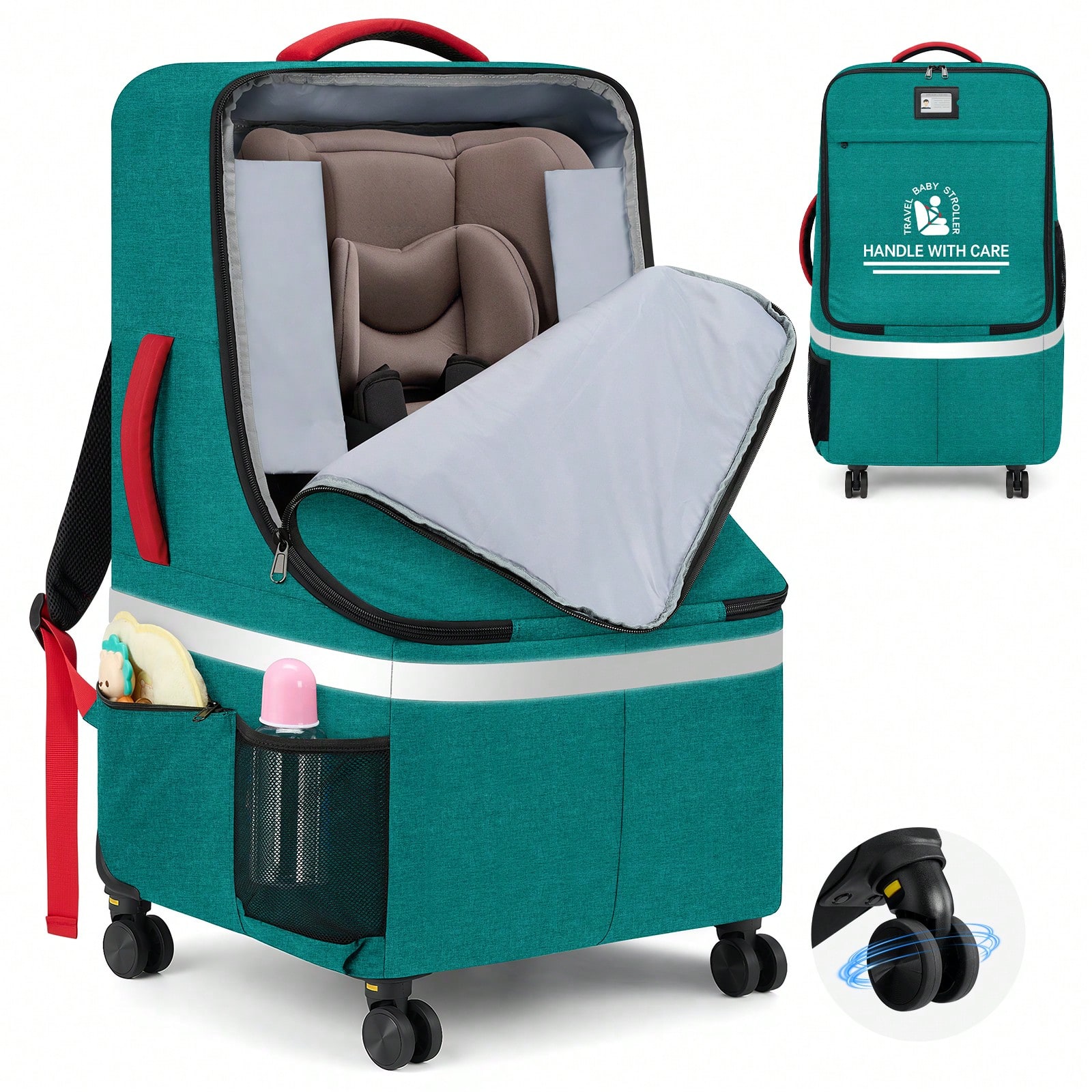 Car Seat Travel Bag - 飛行機用パッド入りカーシートトラベルバッグ（スピナーホイール付き）、空港ゲートチェックイン用大型ローリングカーシートバックパック、カーシートに適合
