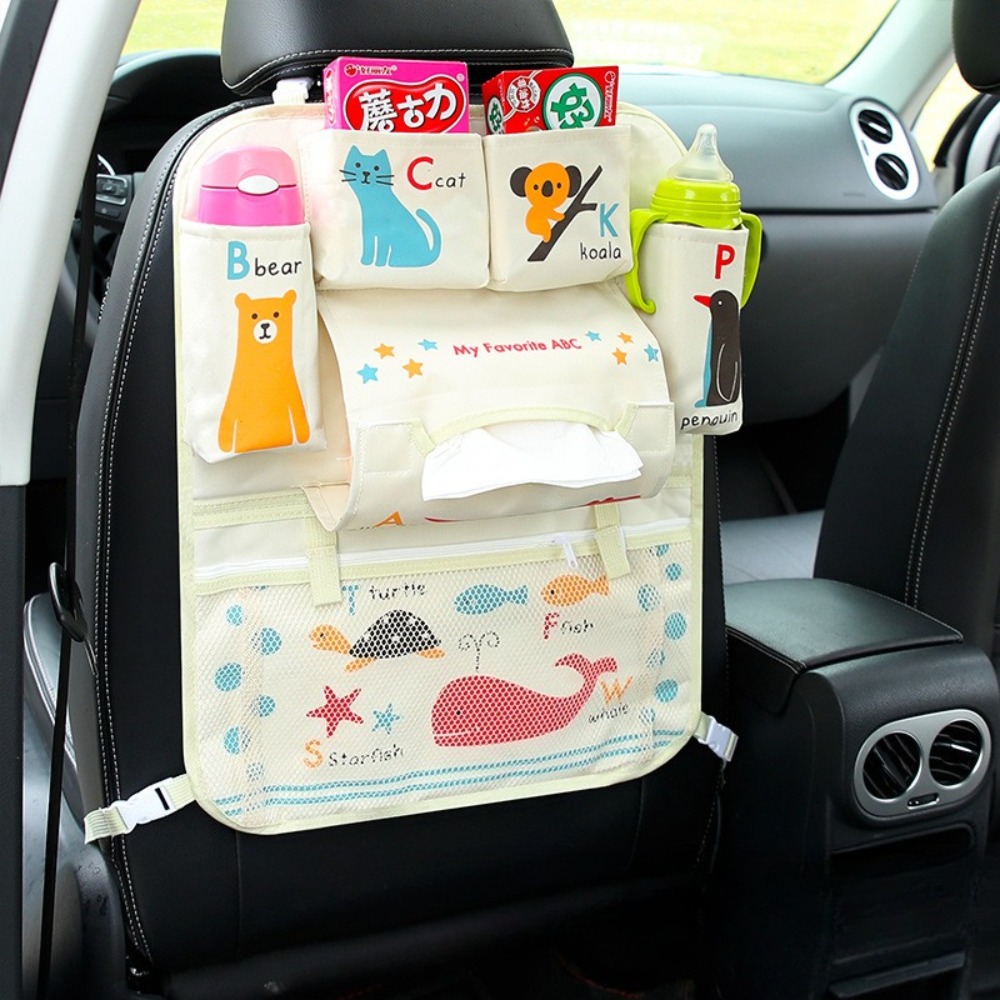Car Seat Travel Bag - 漫画柄後部座席オーガナイザーマット、後部座席オーガナイザー収納バッグ、ティッシュホルダー、子供用カーシート、旅行、ロードトリップ必需品