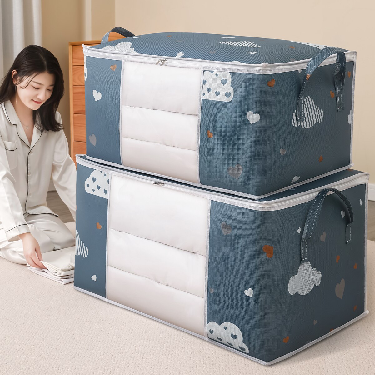 Travel Access - 大容量衣類収納バッグオーガナイザー強化ハンドル付き毛布寝具折りたたみ頑丈ジッパー付き