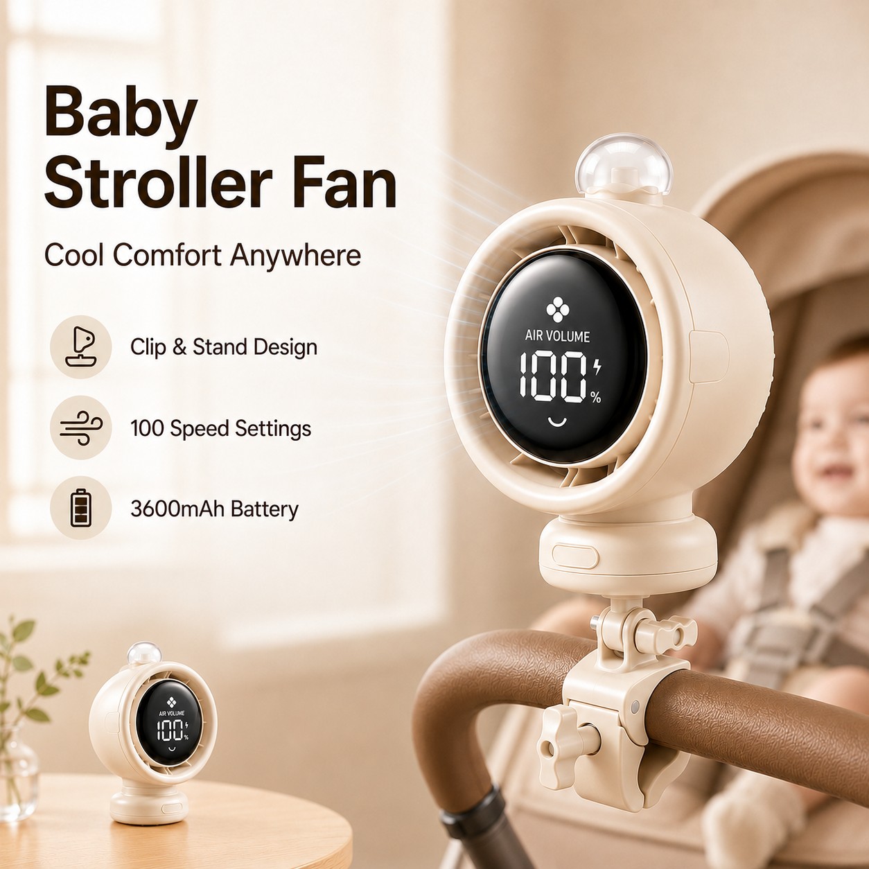 Car Seat Travel Bag - 2026年新型ポータブルベビーカーファン、首振り機能付き、100段階風量調節、静音ミニクリップ式ファン、10時間バッテリー、USB-C対応、カーシート、ベビーベッド、旅行に最適