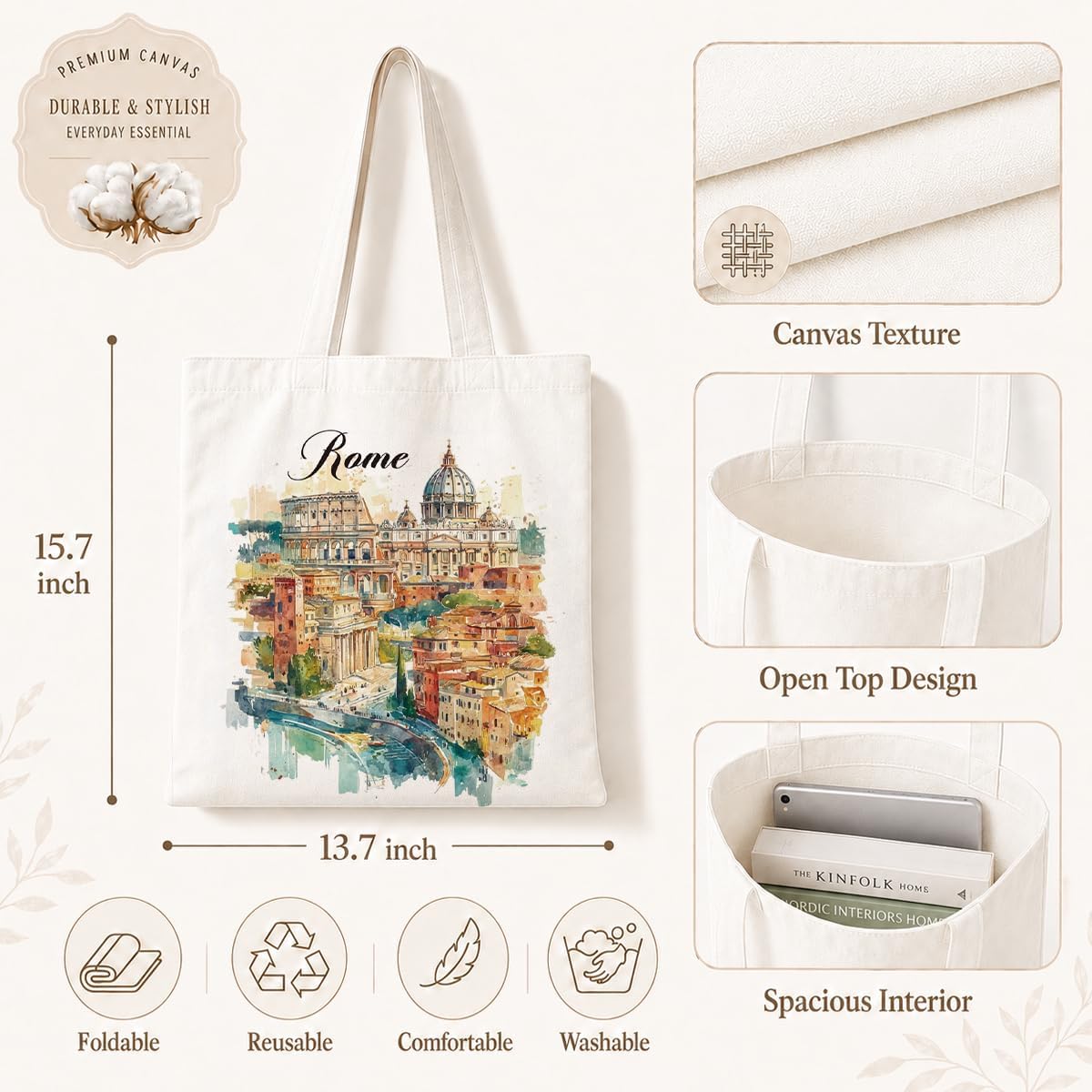 ローマ水彩キャンバストートバッグイタリア都市景観プリント再利 - Travel Accessories Italy のレビューと価格
